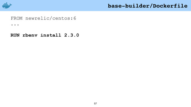 57
FROM newrelic/centos:6
...
RUN rbenv install 2.3.0
base-builder/Dockerfile
