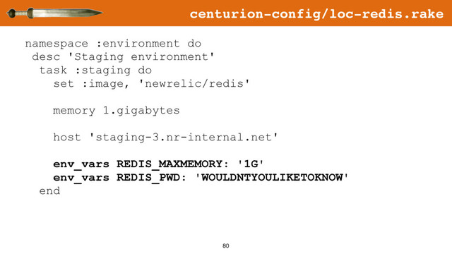 80
namespace :environment do
desc 'Staging environment'
task :staging do
set :image, 'newrelic/redis'
memory 1.gigabytes
host 'staging-3.nr-internal.net'
env_vars REDIS_MAXMEMORY: '1G'
env_vars REDIS_PWD: 'WOULDNTYOULIKETOKNOW'
end
centurion-config/loc-redis.rake

