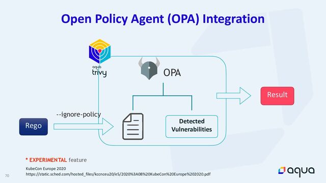 70
Open Policy Agent (OPA) Integration
Rego
--ignore-policy
Detected


Vulnerabilities
OPA
Result
* EXPERIMENTAL feature
KubeCon Europe 2020


https://static.sched.com/hosted_files/kccnceu20/e5/2020%3A08%20KubeCon%20Europe%202020.pdf
