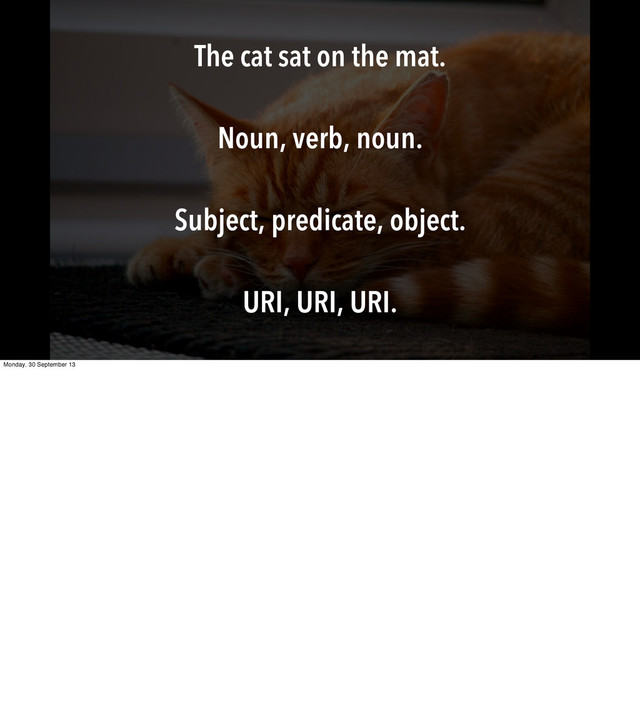 The cat sat on the mat.
Noun, verb, noun.
Subject, predicate, object.
URI, URI, URI.
Monday, 30 September 13
