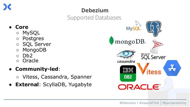 #Debezium + #ApacheFlink | @gunnarmorling
● Core
○ MySQL
○ Postgres
○ SQL Server
○ MongoDB
○ Db2
○ Oracle
● Community-led:
○ Vitess, Cassandra, Spanner
● External: ScyllaDB, Yugabyte
Debezium
Supported Databases
