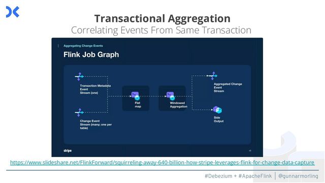#Debezium + #ApacheFlink | @gunnarmorling
Transactional Aggregation
Correlating Events From Same Transaction
https://www.slideshare.net/FlinkForward/squirreling-away-640-billion-how-stripe-leverages-ﬂink-for-change-data-capture

