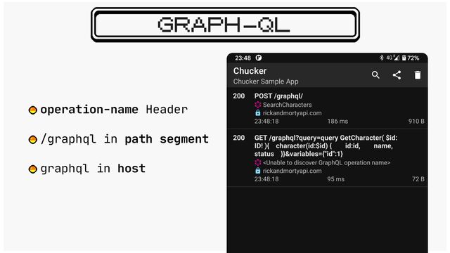 GRAPH-QL
operation-name Header

/graphql in path segment

graphql in host
