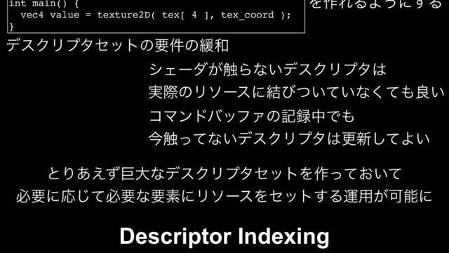 int main() {
vec4 value = texture2D( tex[ 4 ], tex_coord );
}
Λ࡞ΕΔΑ͏ʹ͢Δ
Descriptor Indexing
γΣʔμ͕৮Βͳ͍σεΫϦϓλ͸
࣮ࡍͷϦιʔεʹ݁ͼ͍͍ͭͯͳͯ͘΋ྑ͍
σεΫϦϓληοτͷཁ݅ͷ؇࿨
ίϚϯυόοϑΝͷه࿥தͰ΋
ࠓ৮ͬͯͳ͍σεΫϦϓλ͸ߋ৽ͯ͠Α͍
ͱΓ͋͑ͣڊେͳσεΫϦϓληοτΛ࡞͓͍ͬͯͯ
ඞཁʹԠͯ͡ඞཁͳཁૉʹϦιʔεΛηοτ͢Δӡ༻͕Մೳʹ
