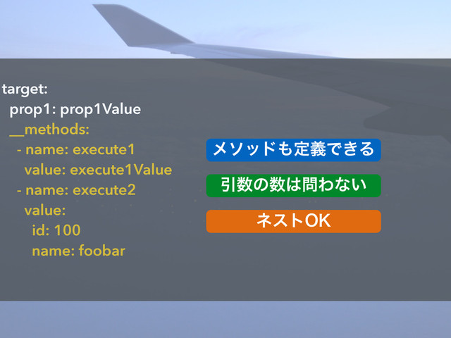 target:
prop1: prop1Value
__methods:
- name: execute1
value: execute1Value
- name: execute2
value:
id: 100
name: foobar
ϝιου΋ఆٛͰ͖Δ
Ҿ਺ͷ਺͸໰Θͳ͍
ωετ0,
