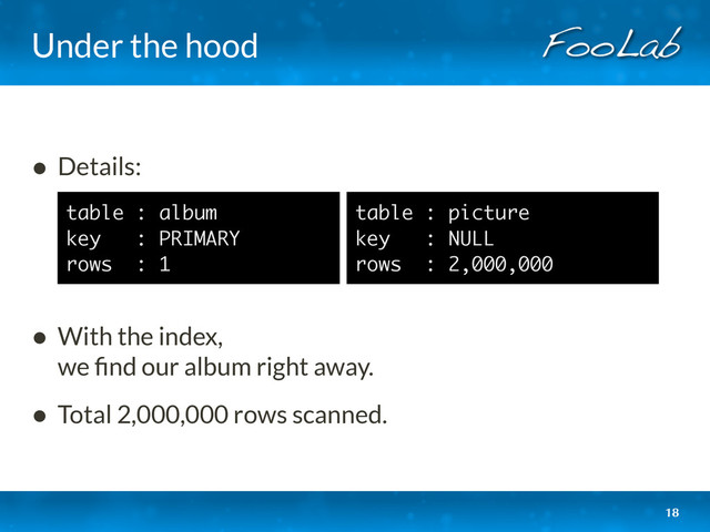 Under the hood
18
• Details:
• With the index,
we ﬁnd our album right away.
• Total 2,000,000 rows scanned.
table : album
key : PRIMARY
rows : 1
table : picture
key : NULL
rows : 2,000,000
