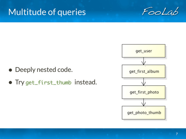 Multitude of queries
• Deeply nested code.
• Try get_first_thumb instead.
7
