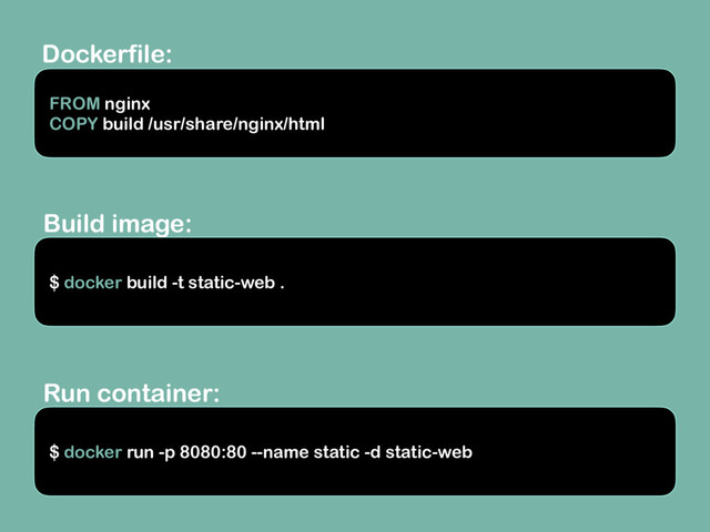 Dockerfile:
FROM nginx
COPY build /usr/share/nginx/html
$ docker build -t static-web .
$ docker run -p 8080:80 --name static -d static-web
Build image:
Run container:
