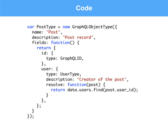 Code
var PostType = new GraphQLObjectType({
name: "Post", 
description: "Post record",
fields: function() {
return {
id: {
type: GraphQLID,
},
user: {
type: UserType,
description: "Creator of the post",
resolve: function(post) {
return data.users.find(post.user_id);
}
},
};
}
});
