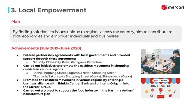 3. Local Empowerment
By ﬁnding solutions to issues unique to regions across the country, aim to contribute to
local economies and empower individuals and businesses
Plan
Achievements (July 2019–June 2020)
● Entered partnership agreements with local governments and provided
support through these agreements
○ Gifu City, Chiba City, Kobe, Kanagawa Prefecture
● Carried out initiatives to promote the cashless movement in shopping
districts in various regions
○ Koenji Shopping Street, Sugamo Jizodori Shopping Street,
Okamachi/Sakurazuka Shopping Street (Osaka), Shinsaibashi (Osaka)
● Promoted the cashless movement in various regions by entering a
business alliance with Shinkin Central Bank and bringing Origami into
the Mercari Group
● Carried out a project to support the food industry in the Kashima Antlers’
hometown region
