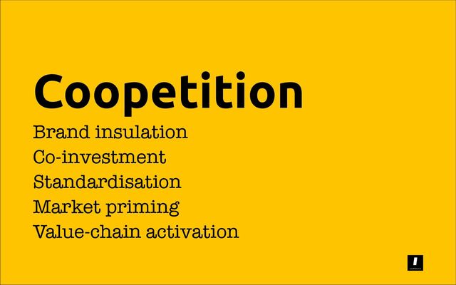 Coopetition
Brand insulation
Co-investment
Standardisation
Market priming
Value-chain activation
