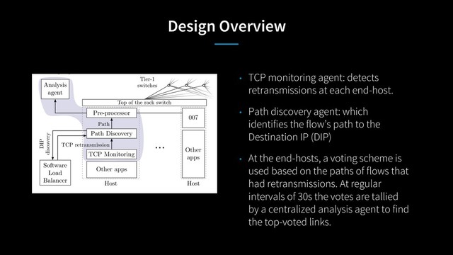 Design Overview
• TCP monitoring agent: detects
retransmissions at each end-host.
• Path discovery agent: which
identifies the flow’s path to the
Destination IP (DIP)
• At the end-hosts, a voting scheme is
used based on the paths of flows that
had retransmissions. At regular
intervals of 30s the votes are tallied
by a centralized analysis agent to find
the top-voted links.
