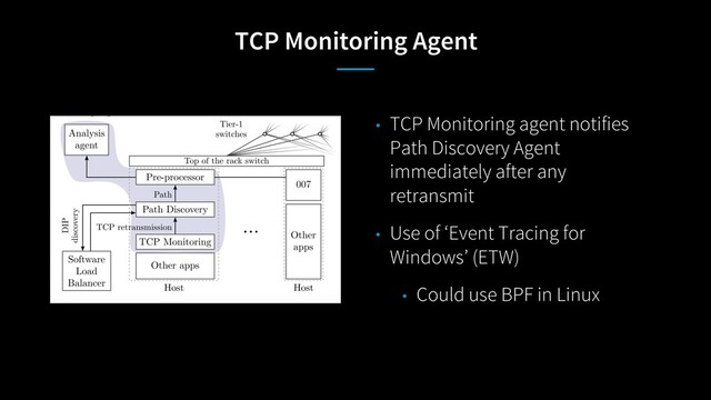 TCP Monitoring Agent
• TCP Monitoring agent notifies
Path Discovery Agent
immediately after any
retransmit
• Use of ‘Event Tracing for
Windows’ (ETW)
• Could use BPF in Linux
