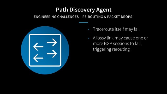 Path Discovery Agent
ENGINEERING CHALLENGES – RE-ROUTING & PACKET DROPS
• Traceroute itself may fail
• A lossy link may cause one or
more BGP sessions to fail,
triggering rerouting
