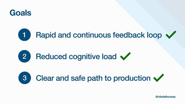 Goals
2 Reduced cognitive load
3 Clear and safe path to production
1 Rapid and continuous feedback loop
@vitalethomas
