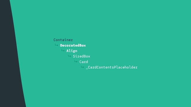 ↳ Container
↳ DecoratedBox
↳ Align
↳ SizedBox
↳ Card
↳ _CardContentsPlaceholder↳
