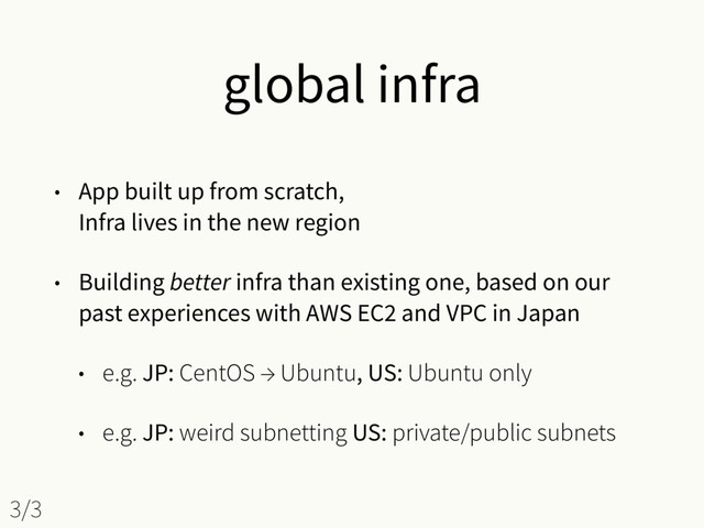 global infra
• App built up from scratch, 
Infra lives in the new region
• Building better infra than existing one, based on our
past experiences with AWS EC2 and VPC in Japan
• e.g. JP: CentOS → Ubuntu, US: Ubuntu only
• e.g. JP: weird subnetting US: private/public subnets
3/3
