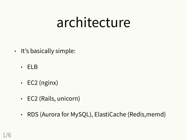 architecture
• It’s basically simple:
• ELB
• EC2 (nginx)
• EC2 (Rails, unicorn)
• RDS (Aurora for MySQL), ElastiCache (Redis,memd)
1/6
