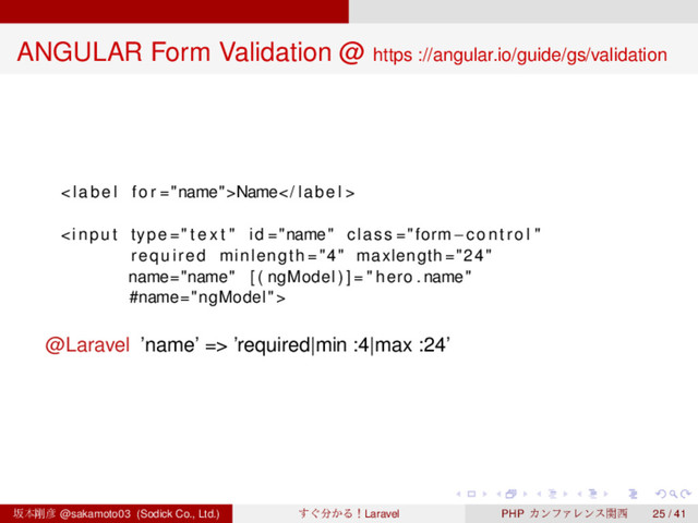 ‌
‌
‌
‌
‌
‌
‌
‌
‌
‌
‌
‌
‌
‌
‌
‌
‌
‌
‌
‌
‌
‌
‌
‌
‌
‌
‌
‌
‌
‌
‌
‌
‌
‌
‌
‌
‌
‌
‌
‌
ANGULAR Form Validation @ https ://angular.io/guide/gs/validation
< label f o r ="name">Name label >

@Laravel ’name’ => ’required|min :4|max :24’
ࡔຊ߶඙ @sakamoto03 (Sodick Co., Ltd.) ͙͢෼͔ΔʂLaravel PHP ΧϯϑΝϨϯεؔ੢ 25 / 41
