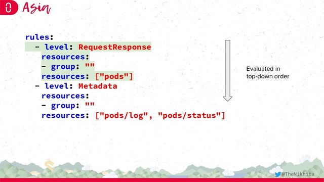 rules:
- level: RequestResponse
resources:
- group: ""
resources: ["pods"]
- level: Metadata
resources:
- group: ""
resources: ["pods/log", "pods/status"]
Evaluated in
top-down order
@TheNikhita
