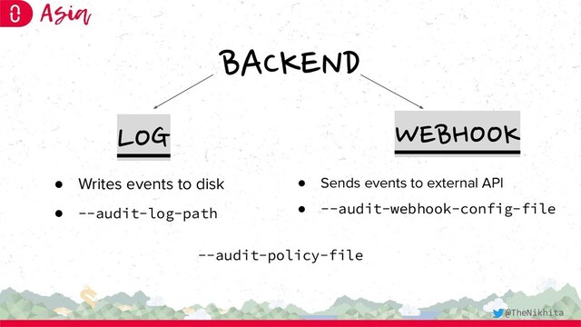 BACKEND
LOG WEBHOOK
● Writes events to disk
● --audit-log-path
● Sends events to external API
● --audit-webhook-config-file
--audit-policy-file
@TheNikhita
