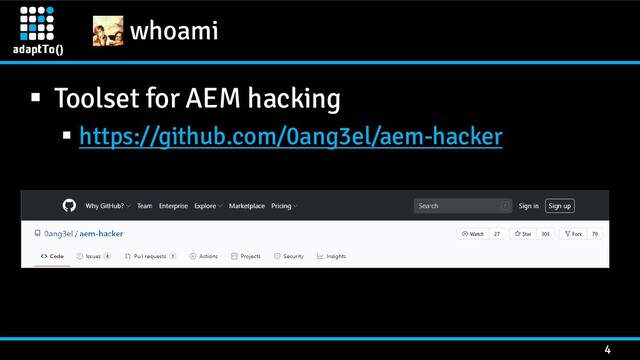 whoami
4
▪ Toolset for AEM hacking
▪ https://github.com/0ang3el/aem-hacker
