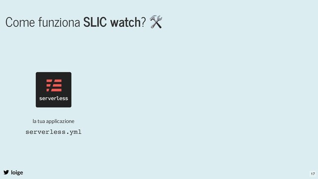 Come funziona SLIC watch?
🛠
loige
la tua applicazione
serverless.yml
17
