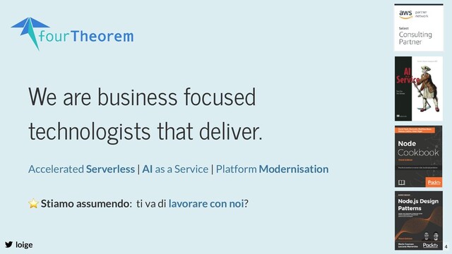 We are business focused
technologists that deliver.
| |
Accelerated Serverless AI as a Service Platform Modernisation
⭐ Stiamo assumendo: ti va di ?
lavorare con noi
loige 4
