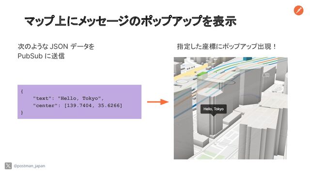 マップ上にメッセージのポップアップを表示
次のような JSON データを
PubSub に送信
@postman_japan
{
"text": "Hello, Tokyo",
"center": [139.7404, 35.6266]
}
指定した座標にポップアップ出現！
