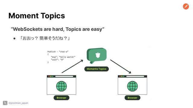 Moment Topics
“WebSockets are hard, Topics are easy”
● 「おおっ？ 簡単そうだね？」
@postman_japan
