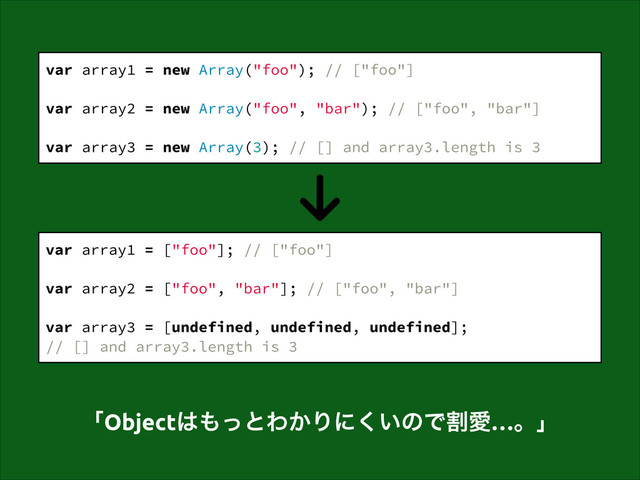 var array1 = new Array("foo"); // ["foo"]
!
var array2 = new Array("foo", "bar"); // ["foo", "bar"]
!
var array3 = new Array(3); // [] and array3.length is 3
var array1 = ["foo"]; // ["foo"]
!
var array2 = ["foo", "bar"]; // ["foo", "bar"]
!
var array3 = [undefined, undefined, undefined];
// [] and array3.length is 3
ʮObject͸΋ͬͱΘ͔Γʹ͍͘ͷͰׂѪ…ɻʯ
