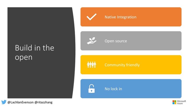 Build in the
open
Native Integration
Open source
Community friendly
No lock in
@LachlanEvenson @ritazzhang
