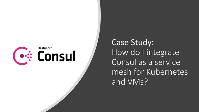 Case Study:
How do I integrate
Consul as a service
mesh for Kubernetes
and VMs?
