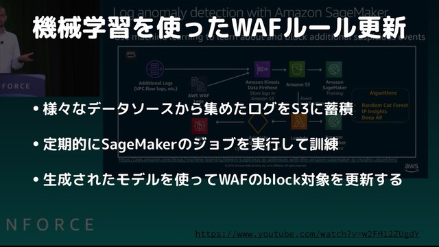 https://www.youtube.com/watch?v=w2FH12ZUgdY
機械学習を使ったWAFルール更新
•様々なデータソースから集めたログをS3に蓄積
•定期的にSageMakerのジョブを実行して訓練
•生成されたモデルを使ってWAFのblock対象を更新する
