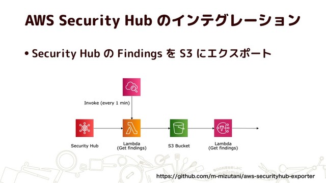 AWS Security Hub のインテグレーション
•Security Hub の Findings を S3 にエクスポート
IUUQTHJUIVCDPNNNJ[VUBOJBXTTFDVSJUZIVCFYQPSUFS
