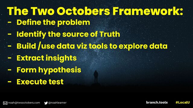 noah@twooctobers @noahlearner
branch.tools #LocalU
noah@twooctobers.com @noahlearner
The Two Octobers Framework:
- Define the problem
- Identify the source of Truth
- Build /use data viz tools to explore data
- Extract insights
- Form hypothesis
- Execute test
