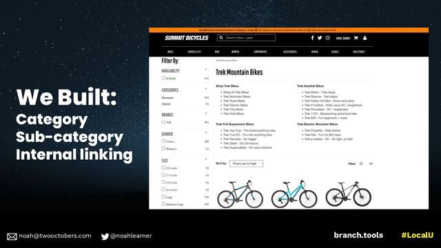 noah@twooctobers @noahlearner
branch.tools #LocalU
noah@twooctobers.com @noahlearner
We Built:
Category
Sub-category
Internal linking
