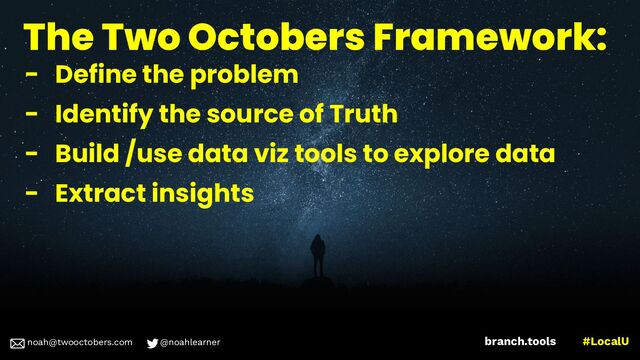 noah@twooctobers @noahlearner
branch.tools #LocalU
noah@twooctobers.com @noahlearner
The Two Octobers Framework:
- Define the problem
- Identify the source of Truth
- Build /use data viz tools to explore data
- Extract insights
