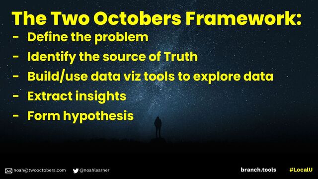 noah@twooctobers @noahlearner
branch.tools #LocalU
noah@twooctobers.com @noahlearner
The Two Octobers Framework:
- Define the problem
- Identify the source of Truth
- Build/use data viz tools to explore data
- Extract insights
- Form hypothesis
