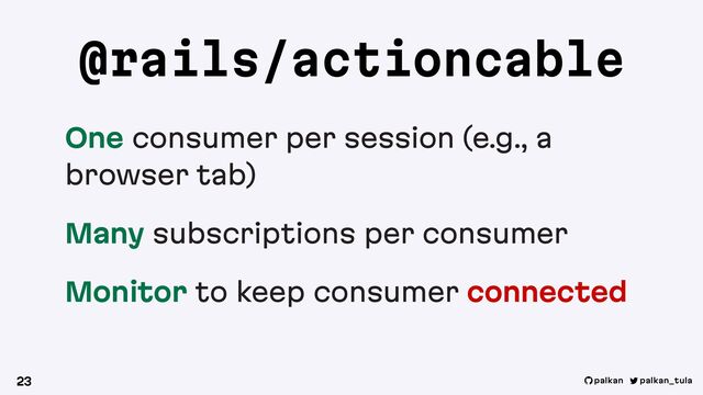 palkan_tula
palkan
One consumer per session (e.g., a
browser tab)
Many subscriptions per consumer
Monitor to keep consumer connected
23
@rails/actioncable
