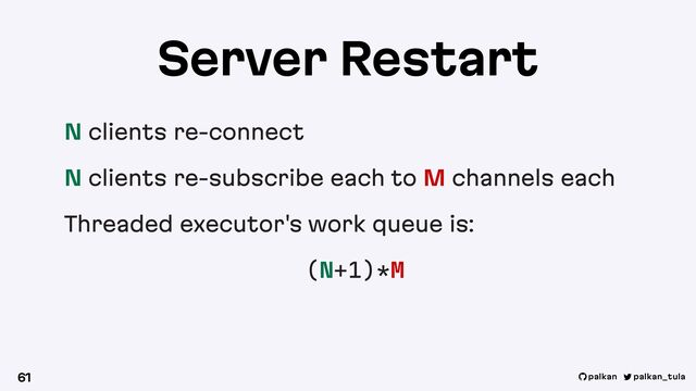 palkan_tula
palkan
Server Restart
N clients re-connect
N clients re-subscribe each to M channels each
Threaded executor's work queue is:
(N+1)*M
61
