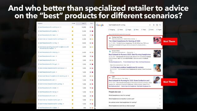 #productsearch at #recommerce by @aleyda from @orainti
And who better than specialized retailer to advice
on the “best” products for different scenarios?
Not Them
Not Them
