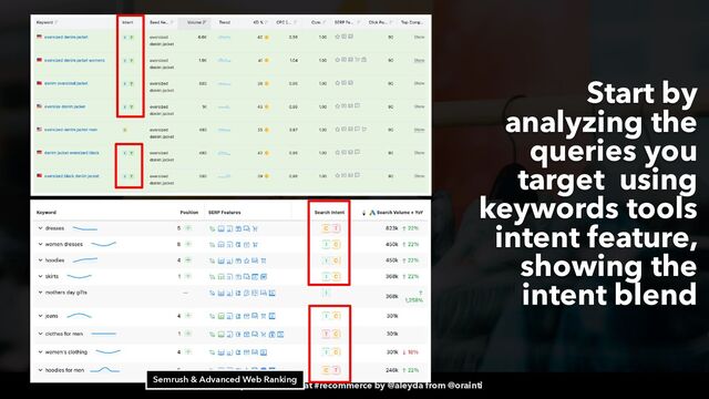 #productsearch at #recommerce by @aleyda from @orainti
Start by
analyzing the
queries you
target using
keywords tools
intent feature,
showing the
intent blend
Semrush & Advanced Web Ranking
