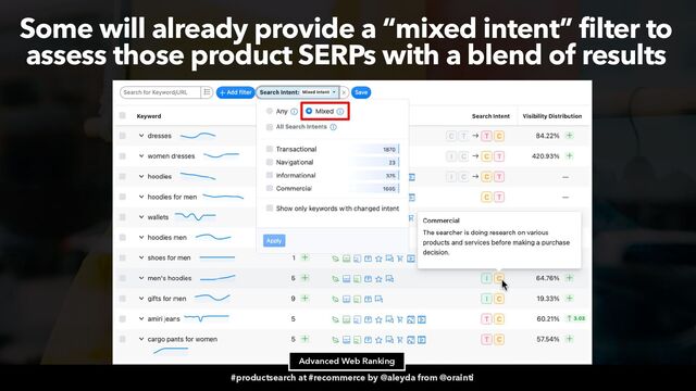 #productsearch at #recommerce by @aleyda from @orainti
Advanced Web Ranking
Some will already provide a “mixed intent” filter to
assess those product SERPs with a blend of results
