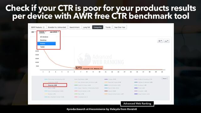 #productsearch at #recommerce by @aleyda from @orainti
Check if your CTR is poor for your products results
 
per device with AWR free CTR benchmark tool
Advanced Web Ranking
