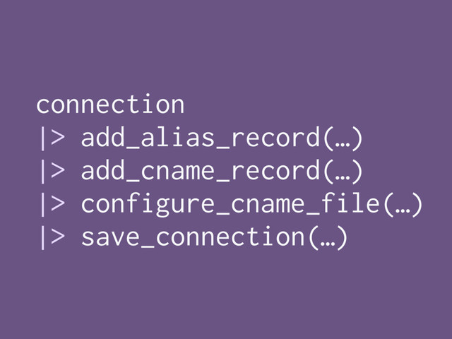 connection
|> add_alias_record(…)
|> add_cname_record(…)
|> configure_cname_file(…)
|> save_connection(…)
