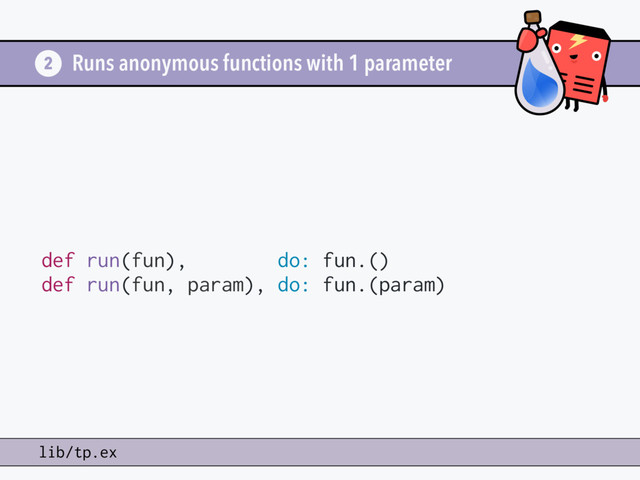Runs anonymous functions with 1 parameter
def run(fun), do: fun.()
def run(fun, param), do: fun.(param)
2
lib/tp.ex
