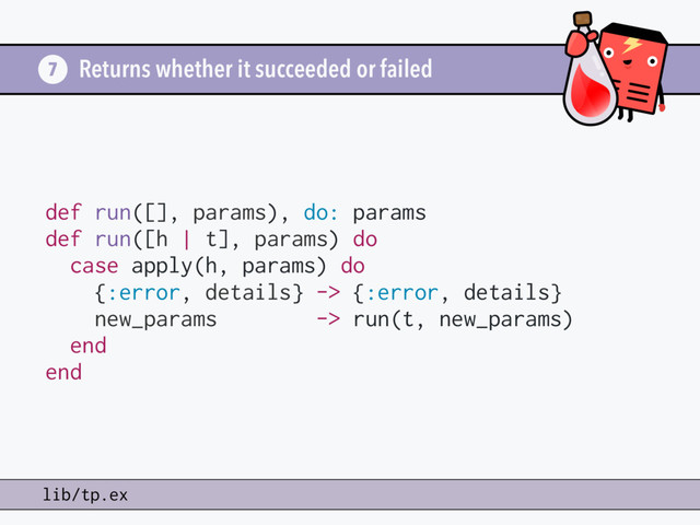 Returns whether it succeeded or failed
7
lib/tp.ex
def run([], params), do: params
def run([h | t], params) do
case apply(h, params) do
{:error, details} -> {:error, details}
new_params -> run(t, new_params)
end
end

