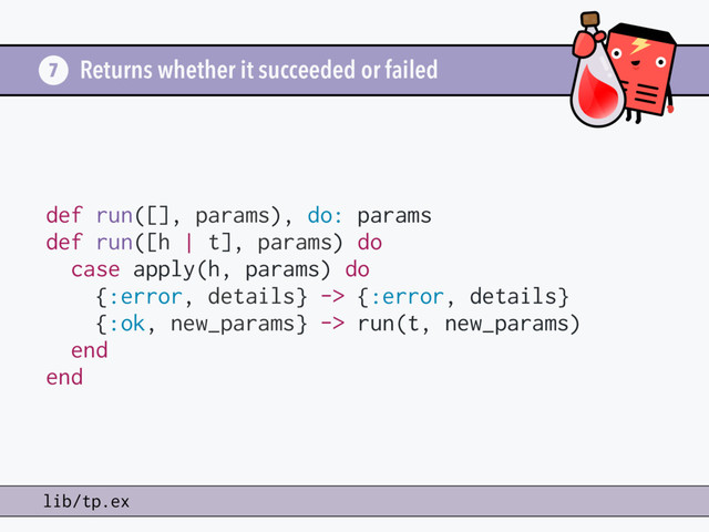 Returns whether it succeeded or failed
7
lib/tp.ex
def run([], params), do: params
def run([h | t], params) do
case apply(h, params) do
{:error, details} -> {:error, details}
{:ok, new_params} -> run(t, new_params)
end
end
