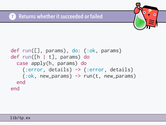 Returns whether it succeeded or failed
7
lib/tp.ex
def run([], params), do: {:ok, params}
def run([h | t], params) do
case apply(h, params) do
{:error, details} -> {:error, details}
{:ok, new_params} -> run(t, new_params)
end
end
